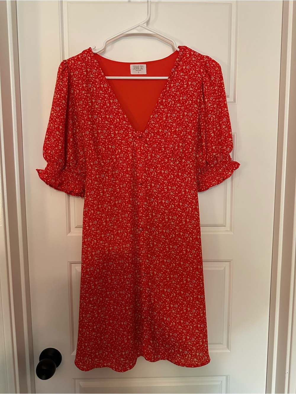 Sienna Sky Red Mini Dress with Puff Sleeves